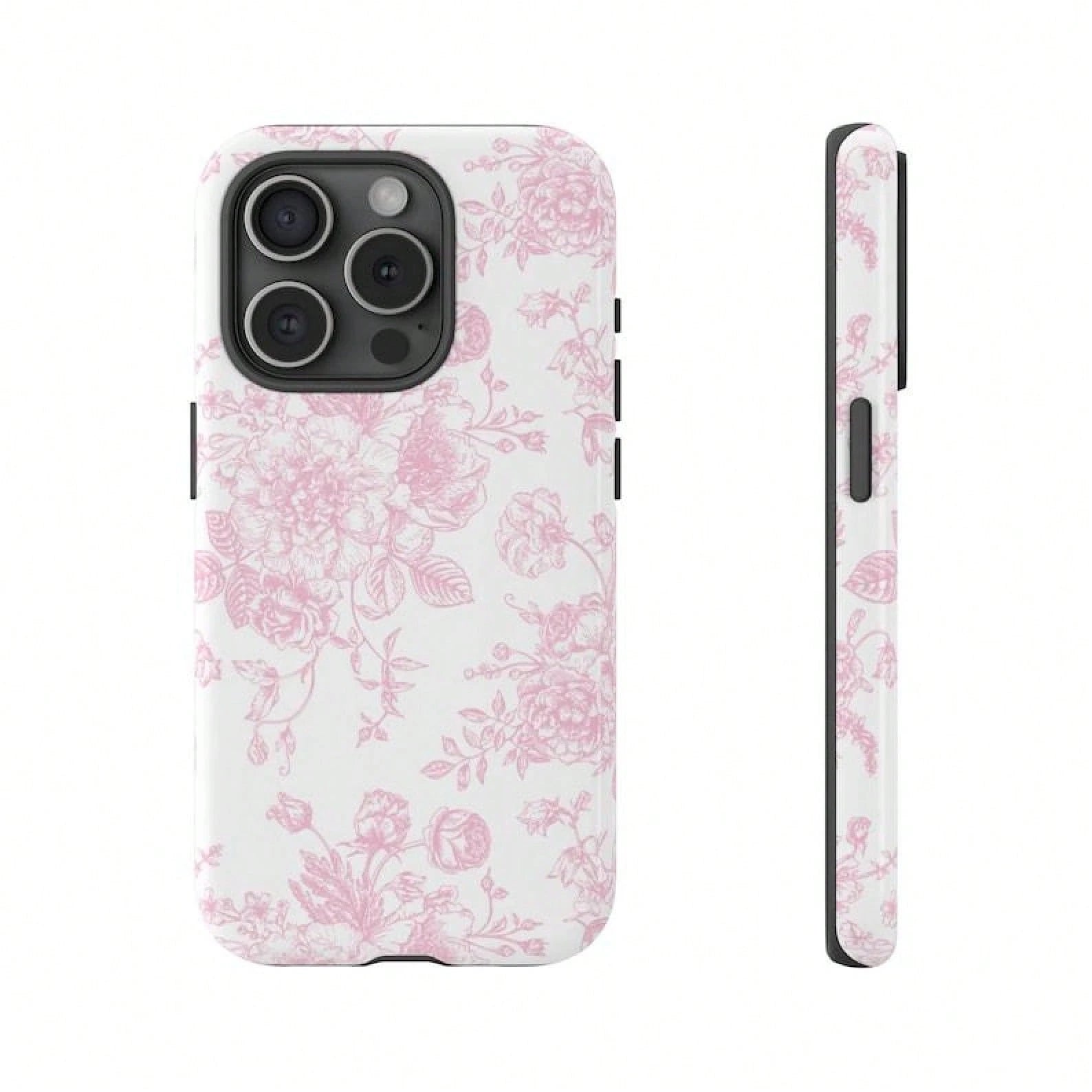 1 Pc French Toile De Jouy Tough Phone Case, Light Pink And White Floral Tough Phone Case For IPhone 15Pro, 14, 13, 12, 11, 8, XR Mini, Pro Max, Plus Accessories Protection Flower Case