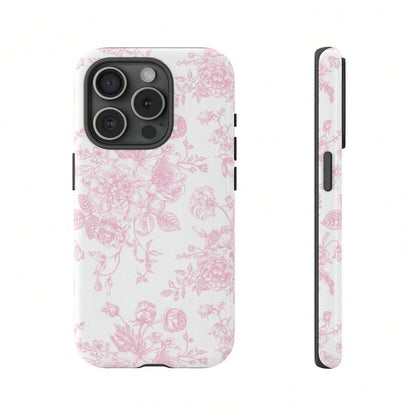 1 Pc French Toile De Jouy Tough Phone Case, Light Pink And White Floral Tough Phone Case For IPhone 15Pro, 14, 13, 12, 11, 8, XR Mini, Pro Max, Plus Accessories Protection Flower Case