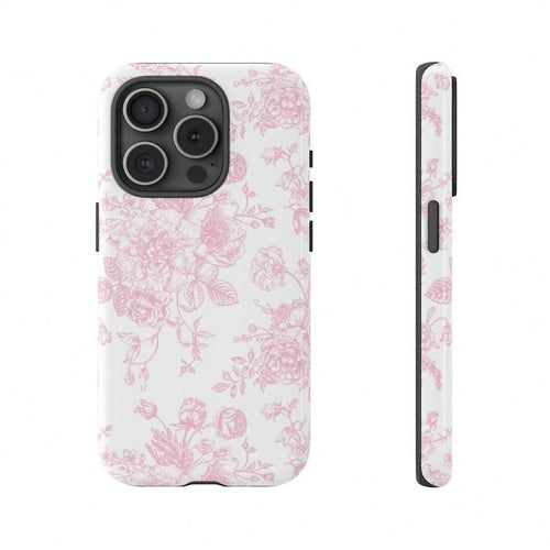 1 Pc French Toile De Jouy Tough Phone Case, Light Pink And White Floral Tough Phone Case For IPhone 15Pro, 14, 13, 12, 11, 8, XR Mini, Pro Max, Plus Accessories Protection Flower Case