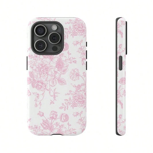 1 Pc French Toile De Jouy Tough Phone Case, Light Pink And White Floral Tough Phone Case For IPhone 15Pro, 14, 13, 12, 11, 8, XR Mini, Pro Max, Plus Accessories Protection Flower Case