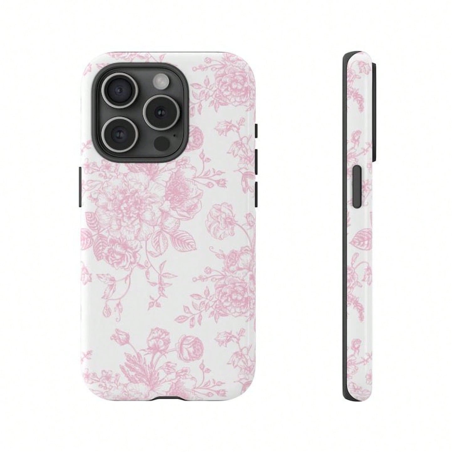 1 Pc French Toile De Jouy Tough Phone Case, Light Pink And White Floral Tough Phone Case For IPhone 15Pro, 14, 13, 12, 11, 8, XR Mini, Pro Max, Plus Accessories Protection Flower Case