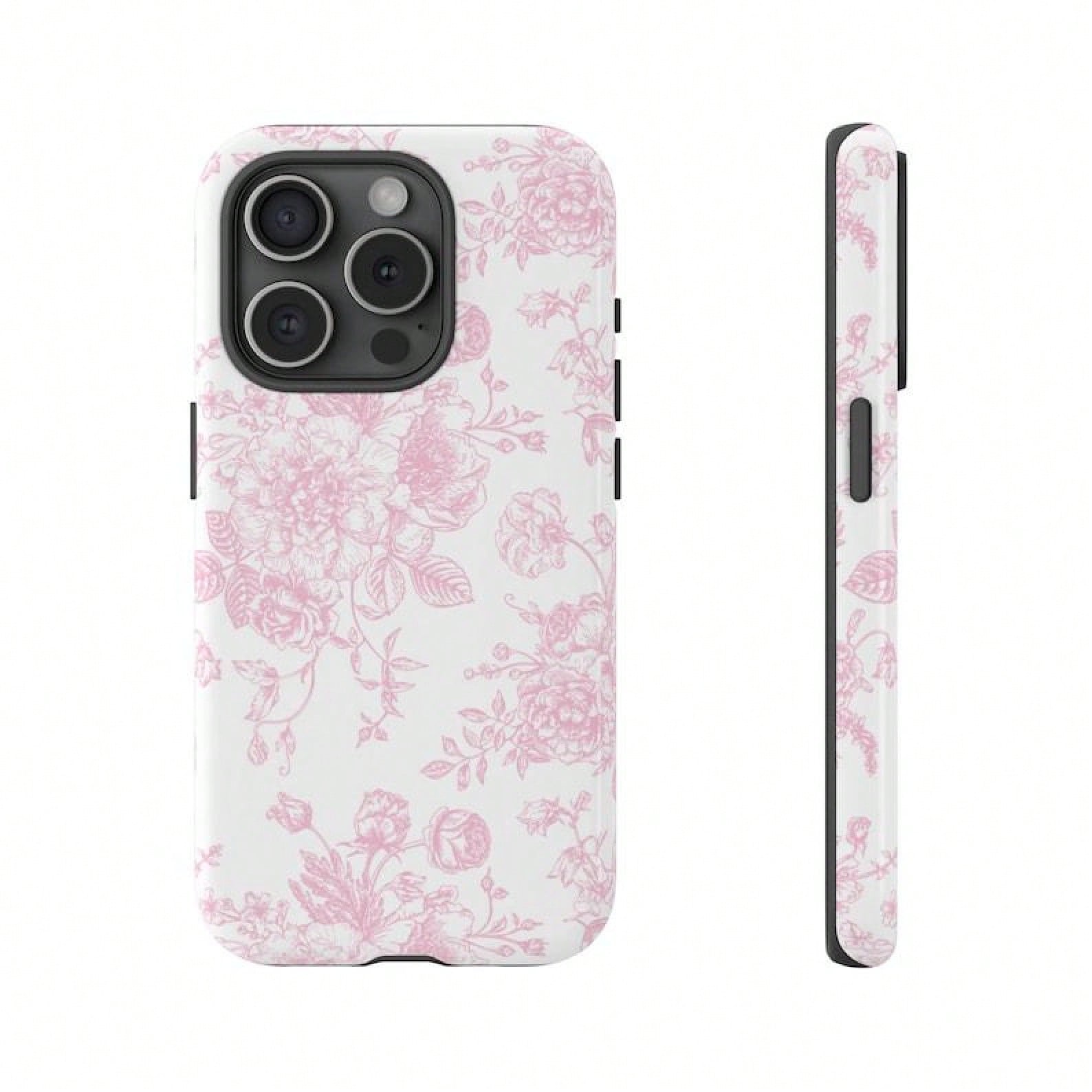 1 Pc French Toile De Jouy Tough Phone Case, Light Pink And White Floral Tough Phone Case For IPhone 15Pro, 14, 13, 12, 11, 8, XR Mini, Pro Max, Plus Accessories Protection Flower Case