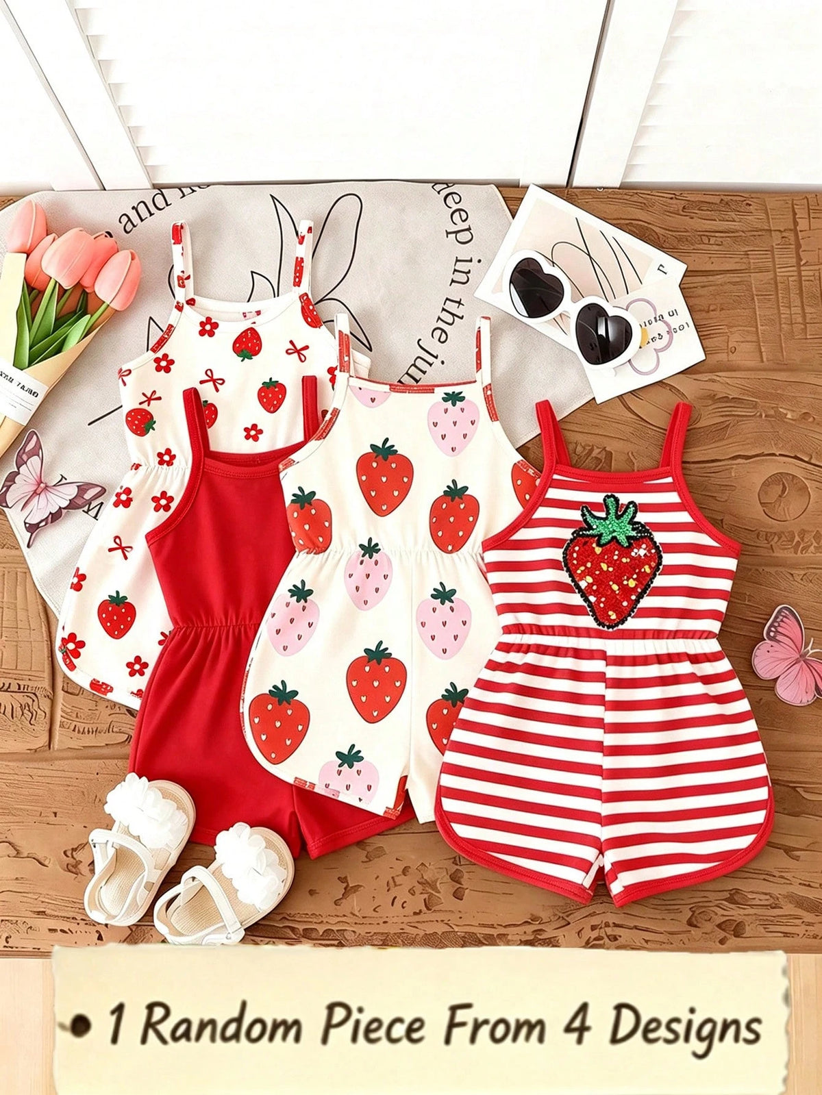 1 Pc Random, This Cute Girls' Sleeveless Romper Comes In Four Colors, Soft Fabric, Comfortable And Skin-Friendly, Suitable For Summer Wear