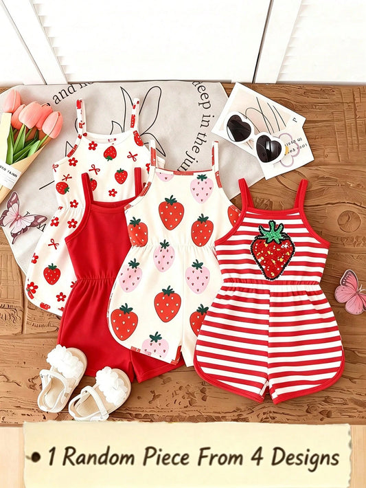 1 Pc Random, This Cute Girls' Sleeveless Romper Comes In Four Colors, Soft Fabric, Comfortable And Skin-Friendly, Suitable For Summer Wear