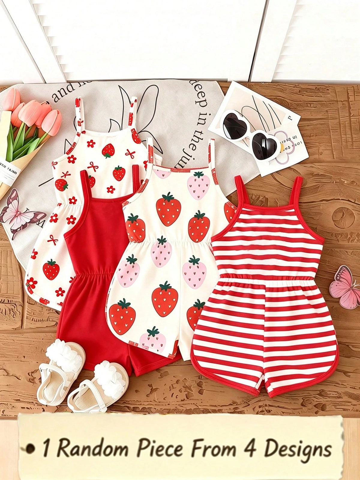 1 Pc Random, This Cute Girls' Sleeveless Romper Comes In Four Colors, Soft Fabric, Comfortable And Skin-Friendly, Suitable For Summer Wear