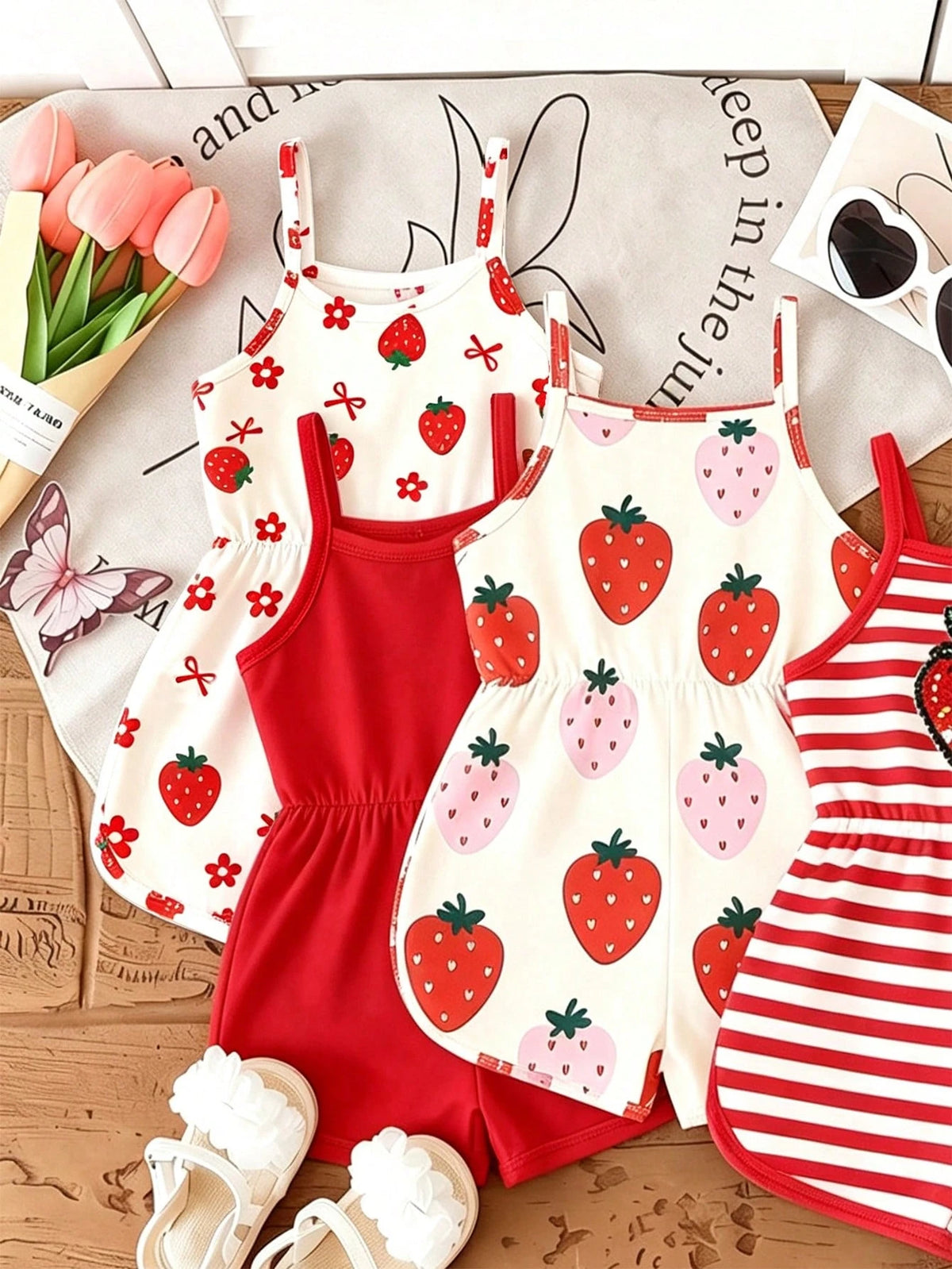 1 Pc Random, This Cute Girls' Sleeveless Romper Comes In Four Colors, Soft Fabric, Comfortable And Skin-Friendly, Suitable For Summer Wear