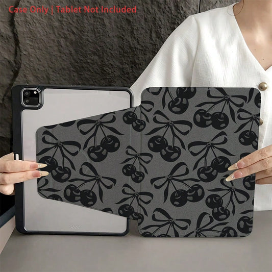 1 Piece Black- And- Gray Cherry- Bow- Pattern Protective Tablet Case With Pen Holder Compatible With IPad 10.9/10.2/ Air 5th Gen/Pro11/10th/9.7/Air 2/IPad (7th Gen)/ IPad (8th Gen)/IPad Air 4/5/IP