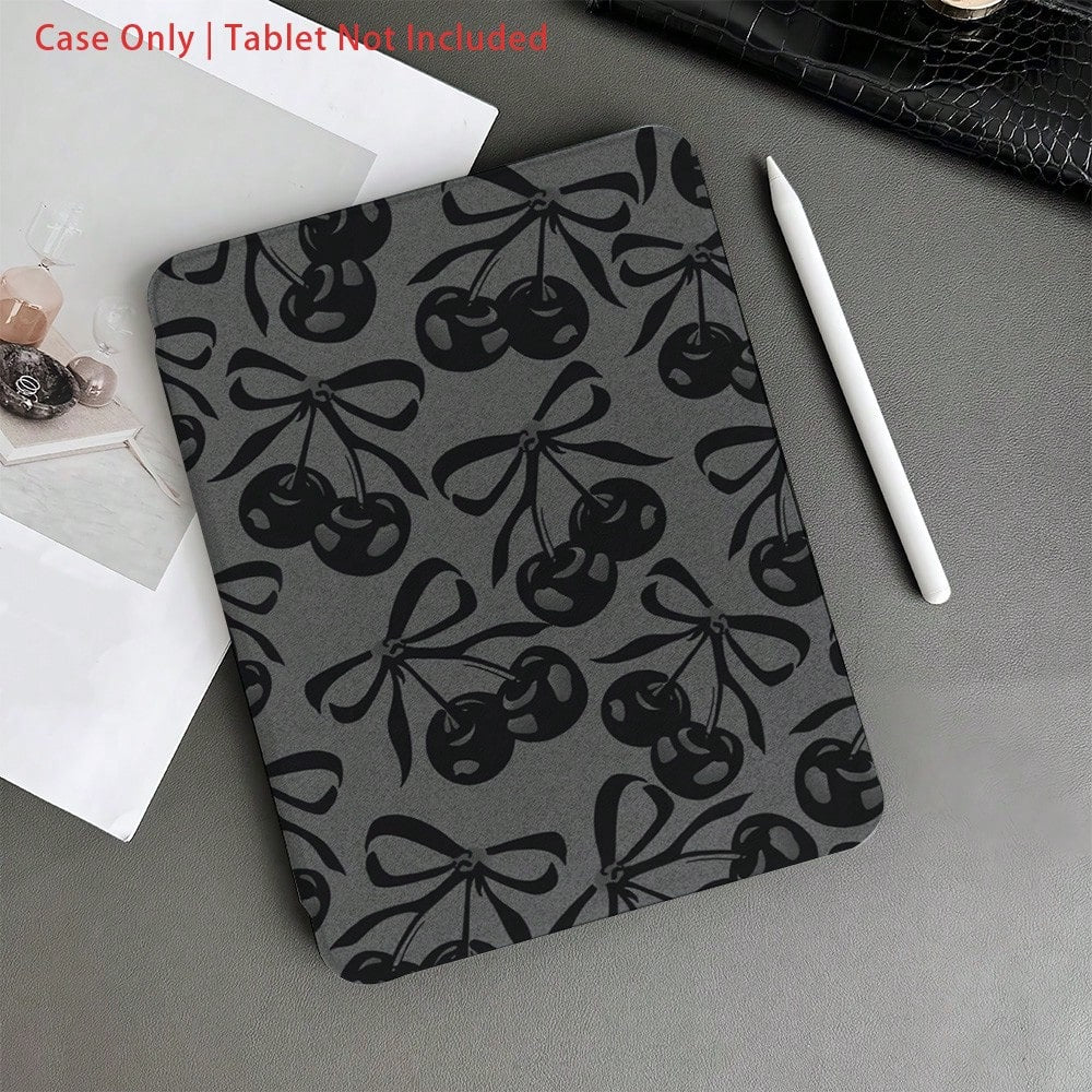 1 Piece Black- And- Gray Cherry- Bow- Pattern Protective Tablet Case With Pen Holder Compatible With IPad 10.9/10.2/ Air 5th Gen/Pro11/10th/9.7/Air 2/IPad (7th Gen)/ IPad (8th Gen)/IPad Air 4/5/IP