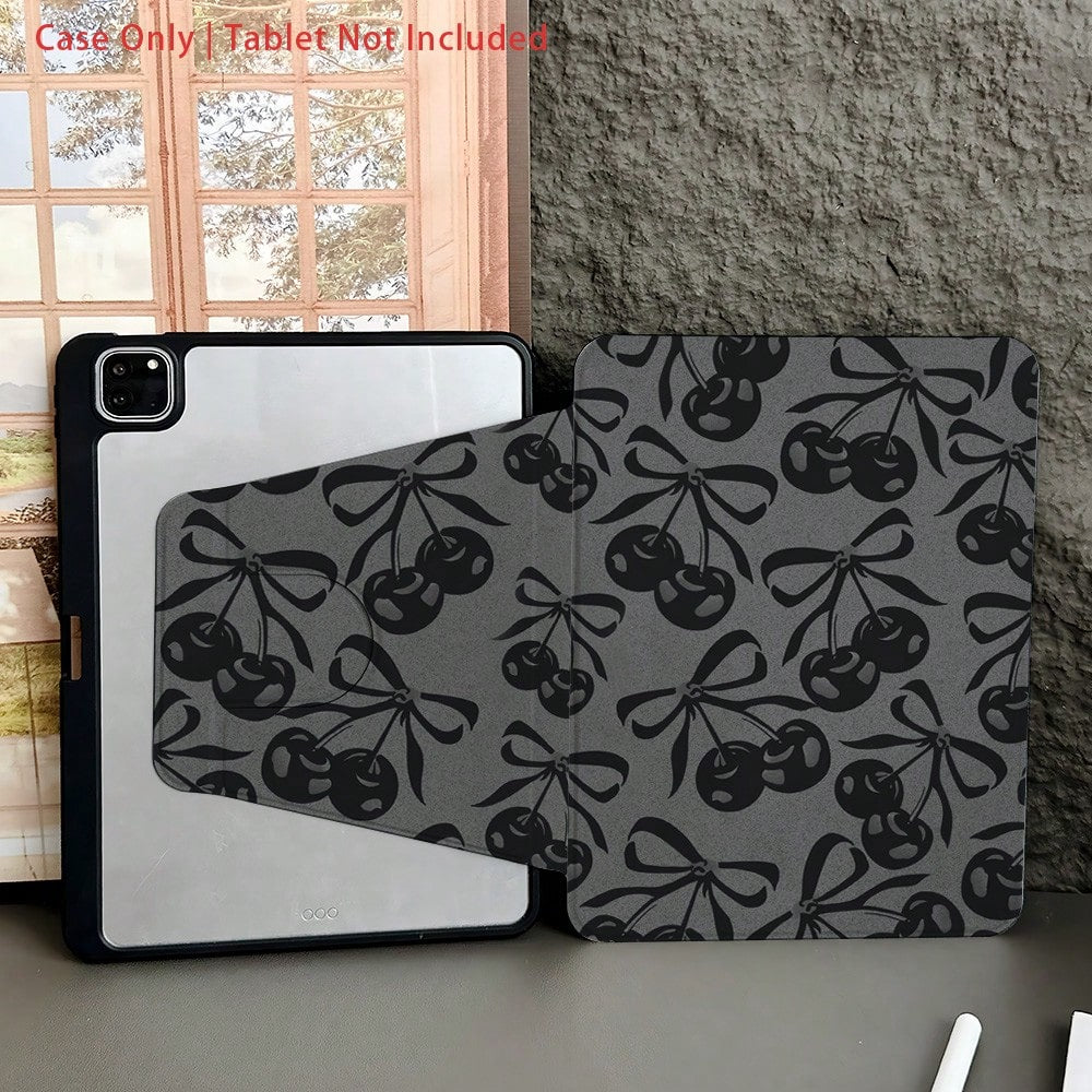 1 Piece Black- And- Gray Cherry- Bow- Pattern Protective Tablet Case With Pen Holder Compatible With IPad 10.9/10.2/ Air 5th Gen/Pro11/10th/9.7/Air 2/IPad (7th Gen)/ IPad (8th Gen)/IPad Air 4/5/IP