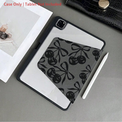 1 Piece Black- And- Gray Cherry- Bow- Pattern Protective Tablet Case With Pen Holder Compatible With IPad 10.9/10.2/ Air 5th Gen/Pro11/10th/9.7/Air 2/IPad (7th Gen)/ IPad (8th Gen)/IPad Air 4/5/IP