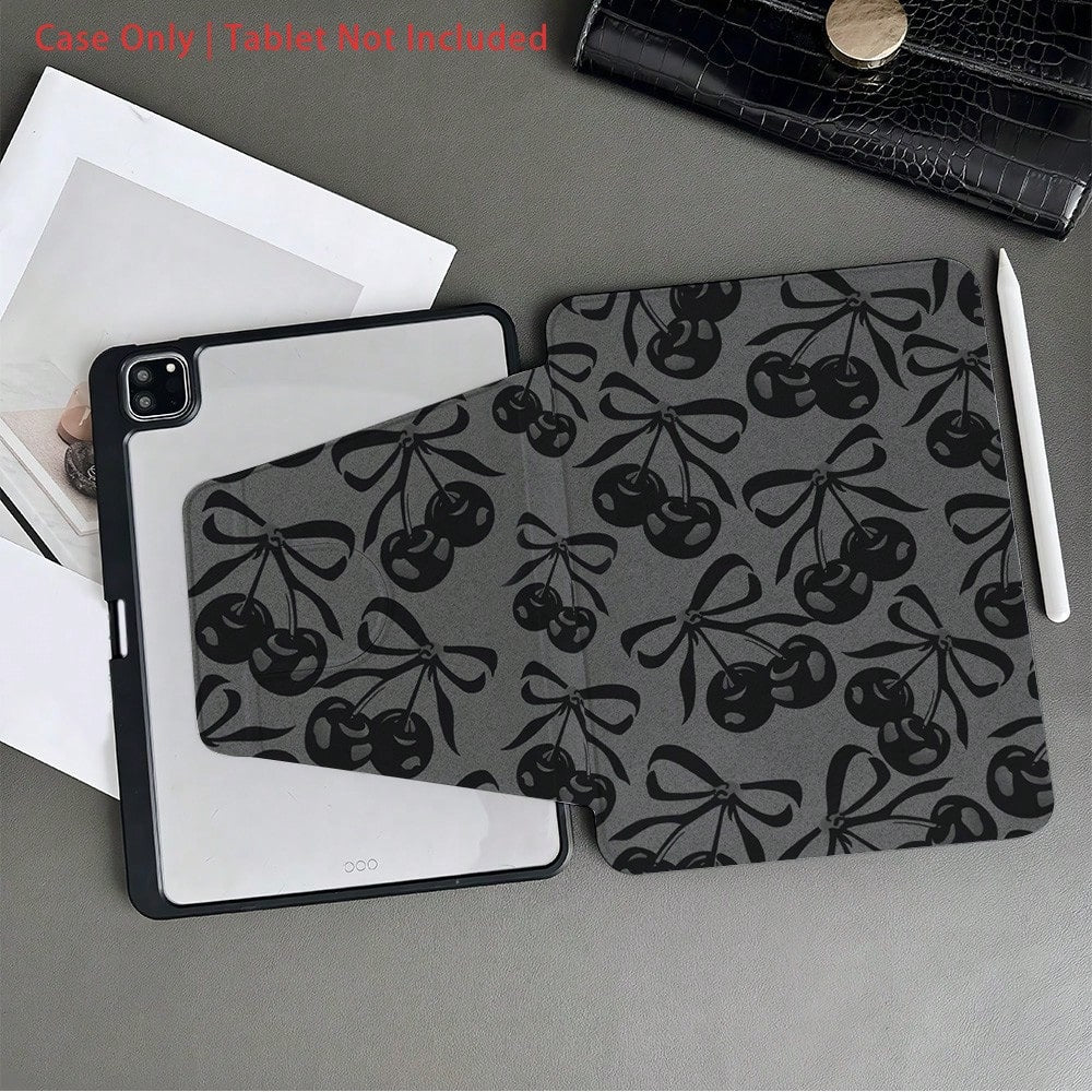 1 Piece Black- And- Gray Cherry- Bow- Pattern Protective Tablet Case With Pen Holder Compatible With IPad 10.9/10.2/ Air 5th Gen/Pro11/10th/9.7/Air 2/IPad (7th Gen)/ IPad (8th Gen)/IPad Air 4/5/IP
