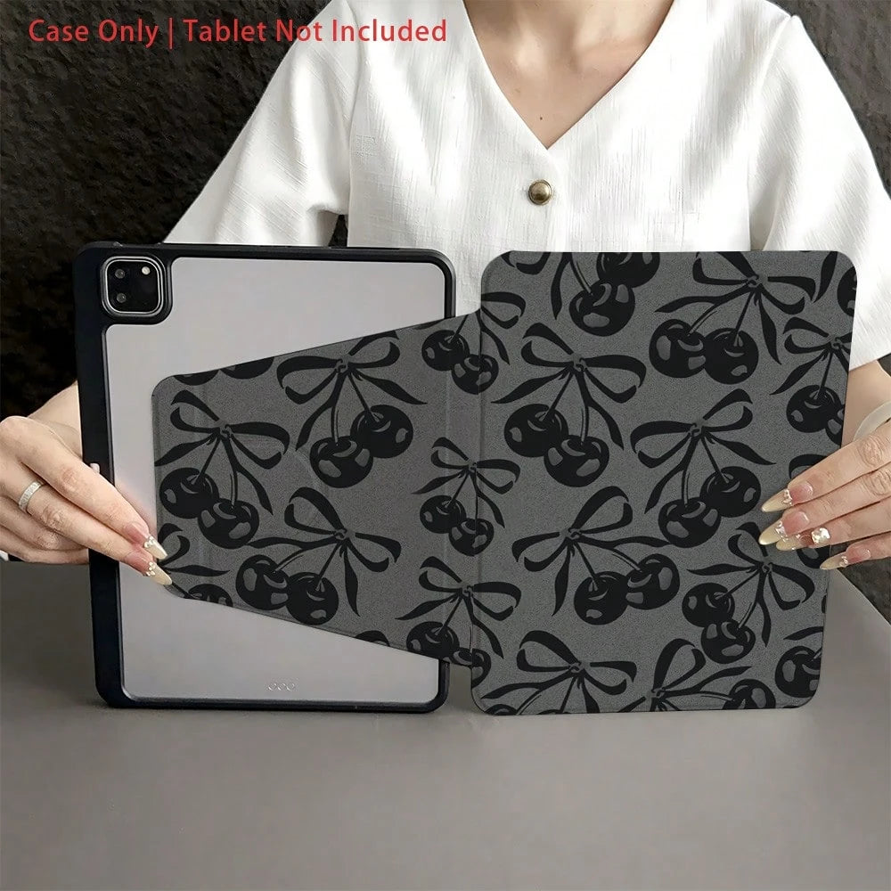 1 Piece Black- And- Gray Cherry- Bow- Pattern Protective Tablet Case With Pen Holder Compatible With IPad 10.9/10.2/ Air 5th Gen/Pro11/10th/9.7/Air 2/IPad (7th Gen)/ IPad (8th Gen)/IPad Air 4/5/IP