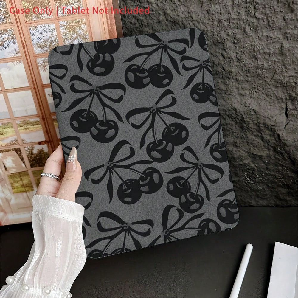 1 Piece Black- And- Gray Cherry- Bow- Pattern Protective Tablet Case With Pen Holder Compatible With IPad 10.9/10.2/ Air 5th Gen/Pro11/10th/9.7/Air 2/IPad (7th Gen)/ IPad (8th Gen)/IPad Air 4/5/IP