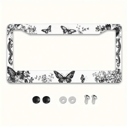 1 Piece Of Metal License Plate Frame, Adorned With Exquisite Butterfly And Floral Patterns, Suitable For American And Most International Car Models, Includes Mounting Screws, Car Decoration Accessory