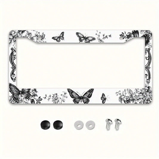 1 Piece Of Metal License Plate Frame, Adorned With Exquisite Butterfly And Floral Patterns, Suitable For American And Most International Car Models, Includes Mounting Screws, Car Decoration Accessory