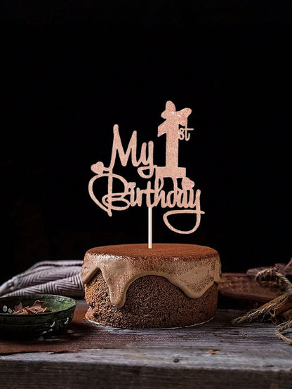 1 Piece Of Rose Gold "My First Birthday" Cake Topper- Princess Themed Party Decoration, Bamboo Material Cake Decoration Supplies (Parts Randomly)