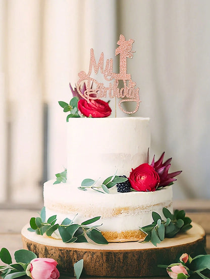 1 Piece Of Rose Gold "My First Birthday" Cake Topper- Princess Themed Party Decoration, Bamboo Material Cake Decoration Supplies (Parts Randomly)