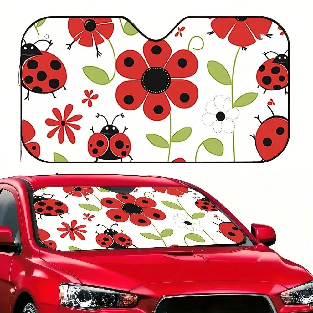 1-Piece Red Ladybug Pattern Car Sunshade, Stylish Printed Design, Keeps The Car Interior Cool, Comes With 4 Suction Cups, Foldable And Easy To Install, Suitable For Sedans, SUVs, And Trucks, Unisex,Ca
