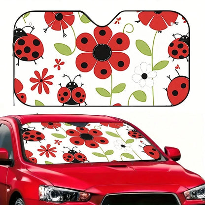 1-Piece Red Ladybug Pattern Car Sunshade, Stylish Printed Design, Keeps The Car Interior Cool, Comes With 4 Suction Cups, Foldable And Easy To Install, Suitable For Sedans, SUVs, And Trucks, Unisex,Ca