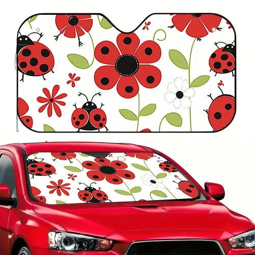 1-Piece Red Ladybug Pattern Car Sunshade, Stylish Printed Design, Keeps The Car Interior Cool, Comes With 4 Suction Cups, Foldable And Easy To Install, Suitable For Sedans, SUVs, And Trucks, Unisex,Ca