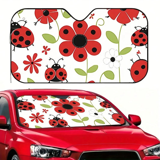 1-Piece Red Ladybug Pattern Car Sunshade, Stylish Printed Design, Keeps The Car Interior Cool, Comes With 4 Suction Cups, Foldable And Easy To Install, Suitable For Sedans, SUVs, And Trucks, Unisex,Ca