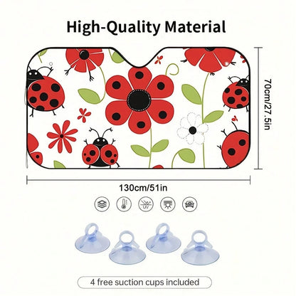 1-Piece Red Ladybug Pattern Car Sunshade, Stylish Printed Design, Keeps The Car Interior Cool, Comes With 4 Suction Cups, Foldable And Easy To Install, Suitable For Sedans, SUVs, And Trucks, Unisex,Ca