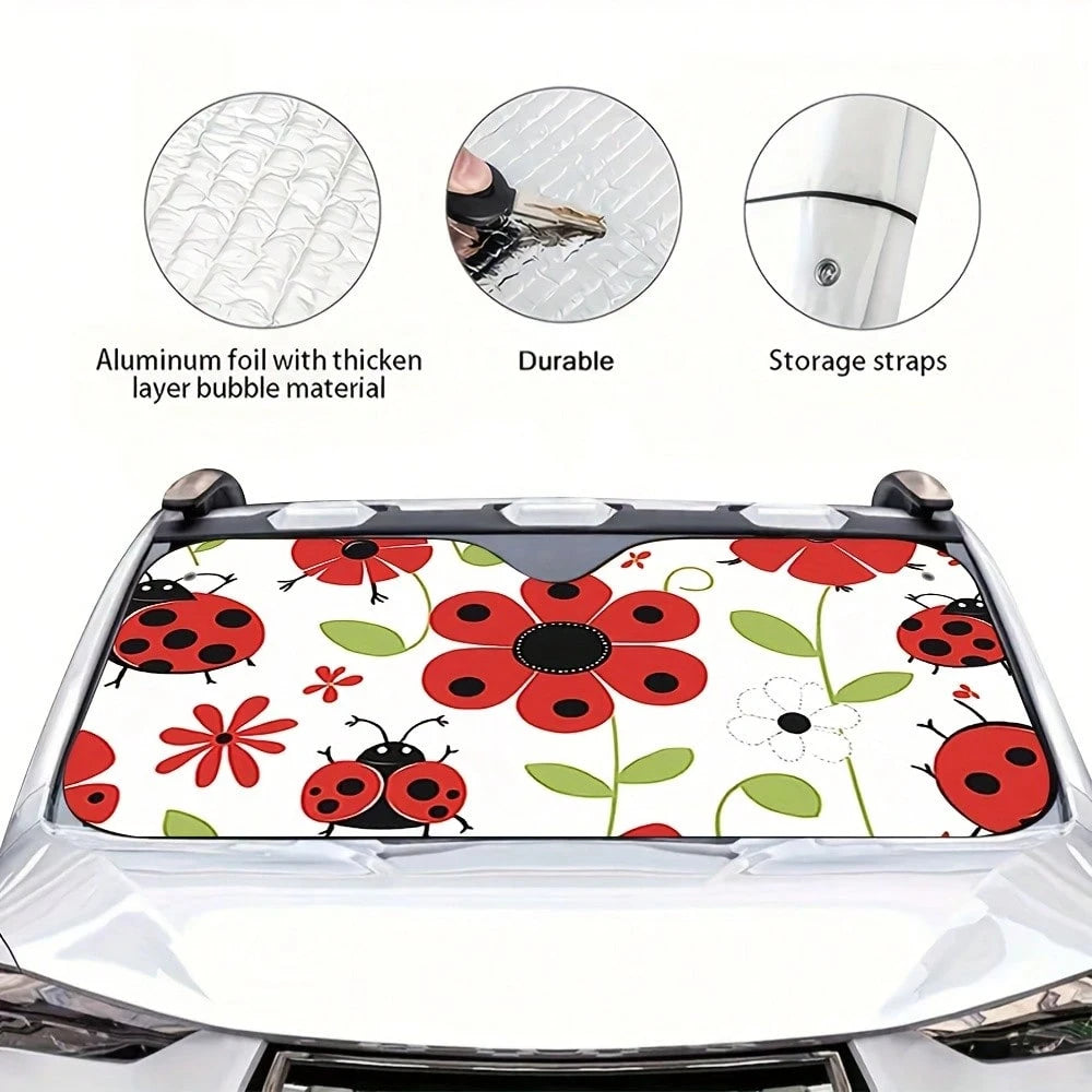 1-Piece Red Ladybug Pattern Car Sunshade, Stylish Printed Design, Keeps The Car Interior Cool, Comes With 4 Suction Cups, Foldable And Easy To Install, Suitable For Sedans, SUVs, And Trucks, Unisex,Ca