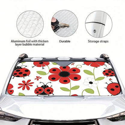 1-Piece Red Ladybug Pattern Car Sunshade, Stylish Printed Design, Keeps The Car Interior Cool, Comes With 4 Suction Cups, Foldable And Easy To Install, Suitable For Sedans, SUVs, And Trucks, Unisex,Ca
