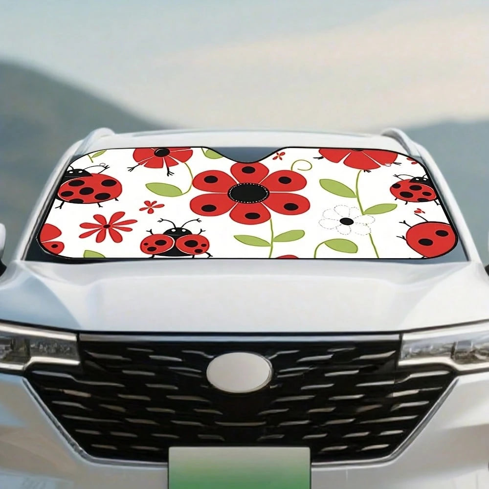 1-Piece Red Ladybug Pattern Car Sunshade, Stylish Printed Design, Keeps The Car Interior Cool, Comes With 4 Suction Cups, Foldable And Easy To Install, Suitable For Sedans, SUVs, And Trucks, Unisex,Ca