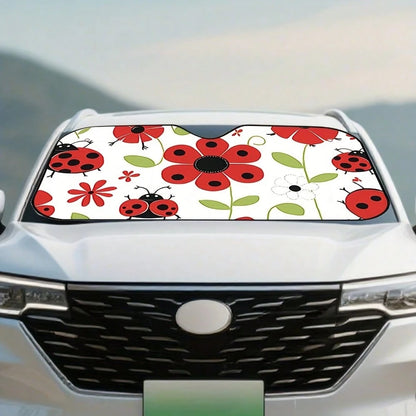 1-Piece Red Ladybug Pattern Car Sunshade, Stylish Printed Design, Keeps The Car Interior Cool, Comes With 4 Suction Cups, Foldable And Easy To Install, Suitable For Sedans, SUVs, And Trucks, Unisex,Ca