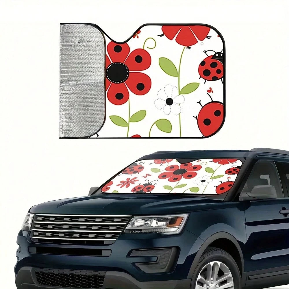 1-Piece Red Ladybug Pattern Car Sunshade, Stylish Printed Design, Keeps The Car Interior Cool, Comes With 4 Suction Cups, Foldable And Easy To Install, Suitable For Sedans, SUVs, And Trucks, Unisex,Ca