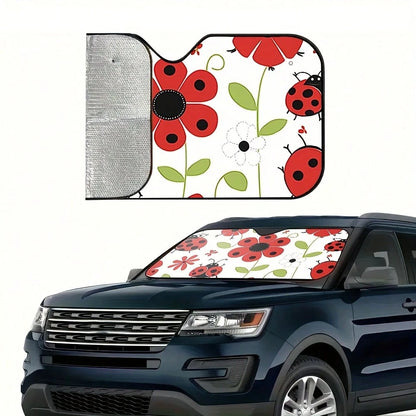 1-Piece Red Ladybug Pattern Car Sunshade, Stylish Printed Design, Keeps The Car Interior Cool, Comes With 4 Suction Cups, Foldable And Easy To Install, Suitable For Sedans, SUVs, And Trucks, Unisex,Ca