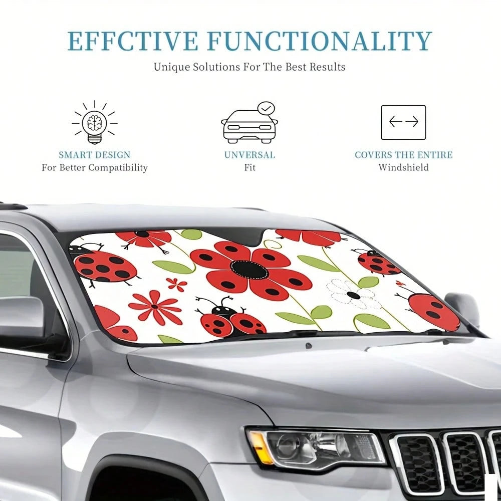 1-Piece Red Ladybug Pattern Car Sunshade, Stylish Printed Design, Keeps The Car Interior Cool, Comes With 4 Suction Cups, Foldable And Easy To Install, Suitable For Sedans, SUVs, And Trucks, Unisex,Ca