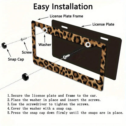 1 Piece, Size 12x6inch, Metal Frame License Plate, Leopard Print Design, Perfect For Decorating Your Car And Creating A Desert Adventure Theme,Car Decaration,Accesorio Para Carro,License Plate Frame,V