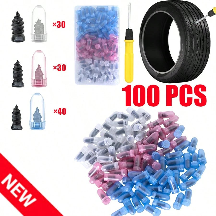1 SET 100pcs Screw In Tire Repair Plugs Tire Screw Plug Repair Kit, 3 Sizes Of Repair Rubber Nail For Car Motorcycle Truck Tire Puncture Repair With Box And Screwdriver