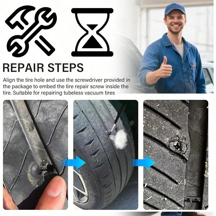 1 SET 100pcs Screw In Tire Repair Plugs Tire Screw Plug Repair Kit, 3 Sizes Of Repair Rubber Nail For Car Motorcycle Truck Tire Puncture Repair With Box And Screwdriver