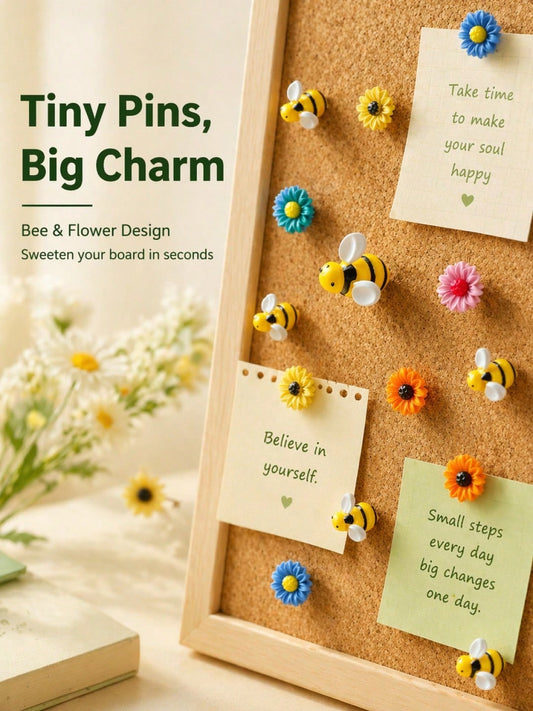 1 Set 15pcs Cute Bee & Flower Shaped Push Pins, Decorative Cork Board Pins, Suitable For Message Boards, Photo Walls, Mini Spring Garden Style Bulletin Board Pins, For Office, School, Home DIY Decorat