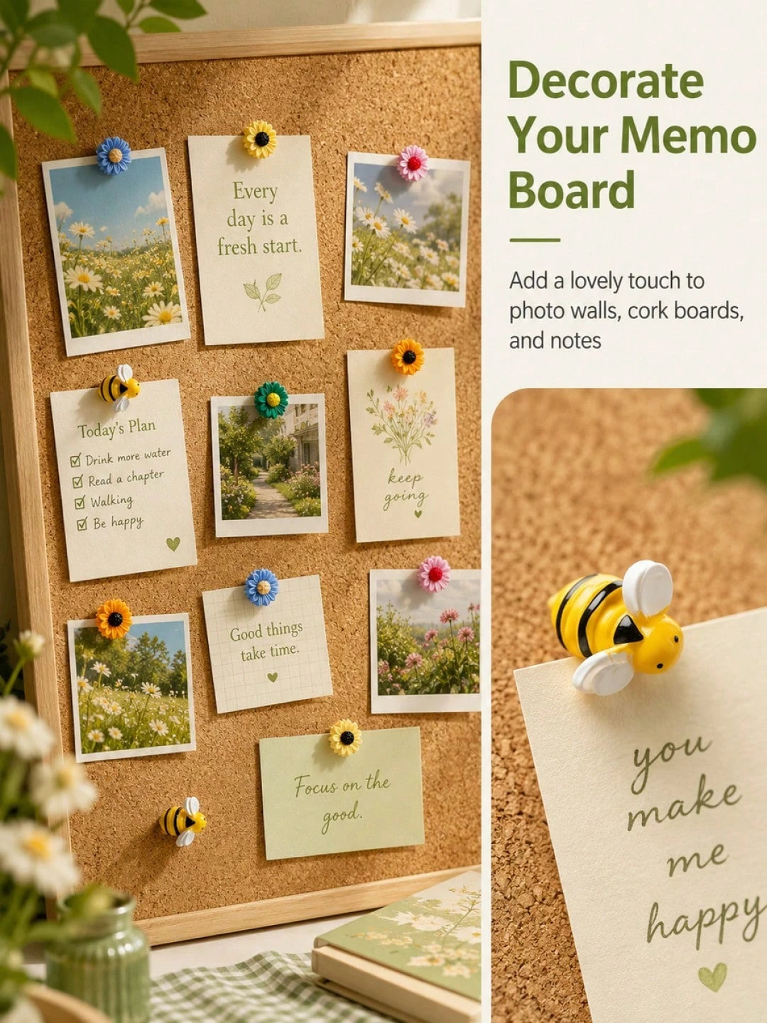 1 Set 15pcs Cute Bee & Flower Shaped Push Pins, Decorative Cork Board Pins, Suitable For Message Boards, Photo Walls, Mini Spring Garden Style Bulletin Board Pins, For Office, School, Home DIY Decorat