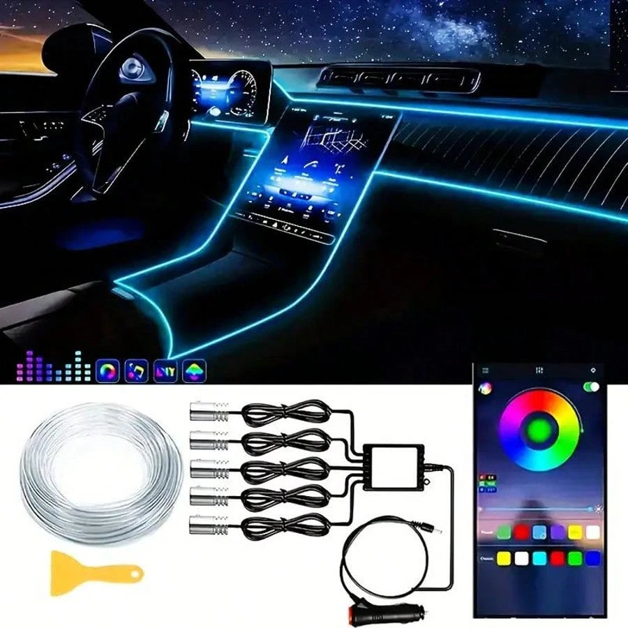 1 Set 236 Inches RGB 5 In 1 Ambient LED Strip Lights Kit- Wireless App Controlled, 16 Million Colors, Sync To Music, Universal 12V, Room Electrical/Hard Wiring, For Motor Vehicles, With Fiber Optic Ca