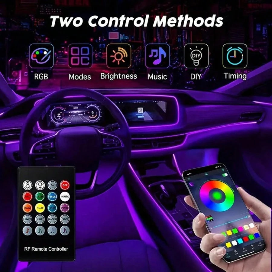 1 Set 236 Inches RGB 5 In 1 Ambient LED Strip Lights Kit- Wireless App Controlled, 16 Million Colors, Sync To Music, Universal 12V, Room Electrical/Hard Wiring, For Motor Vehicles, With Fiber Optic Ca