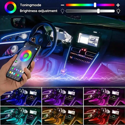 1 Set 236 Inches RGB 5 In 1 Ambient LED Strip Lights Kit- Wireless App Controlled, 16 Million Colors, Sync To Music, Universal 12V, Room Electrical/Hard Wiring, For Motor Vehicles, With Fiber Optic Ca
