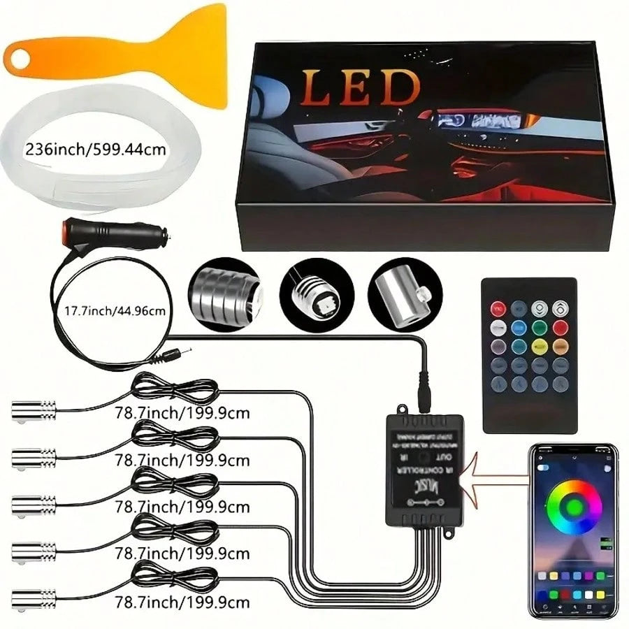 1 Set 236 Inches RGB 5 In 1 Ambient LED Strip Lights Kit- Wireless App Controlled, 16 Million Colors, Sync To Music, Universal 12V, Room Electrical/Hard Wiring, For Motor Vehicles, With Fiber Optic Ca