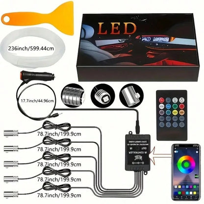 1 Set 236 Inches RGB 5 In 1 Ambient LED Strip Lights Kit- Wireless App Controlled, 16 Million Colors, Sync To Music, Universal 12V, Room Electrical/Hard Wiring, For Motor Vehicles, With Fiber Optic Ca