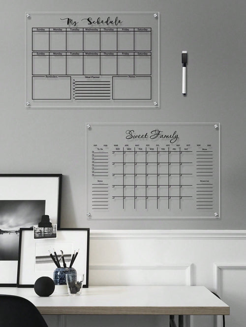 1 Set Black Line Acrylic Erasable Wall-Mounted Planner Board, Home Monthly/Weekly Schedule Planner, Family Recipe, Shopping List, Memo Board