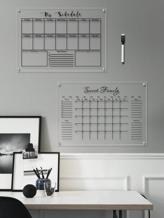 1 Set Black Line Acrylic Erasable Wall-Mounted Planner Board, Home Monthly/Weekly Schedule Planner, Family Recipe, Shopping List, Memo Board