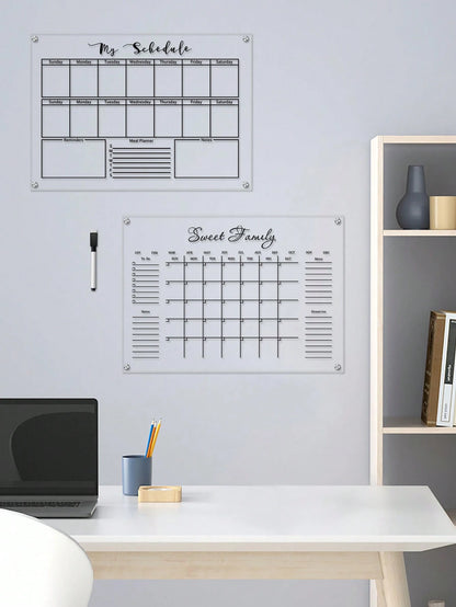 1 Set Black Line Acrylic Erasable Wall-Mounted Planner Board, Home Monthly/Weekly Schedule Planner, Family Recipe, Shopping List, Memo Board