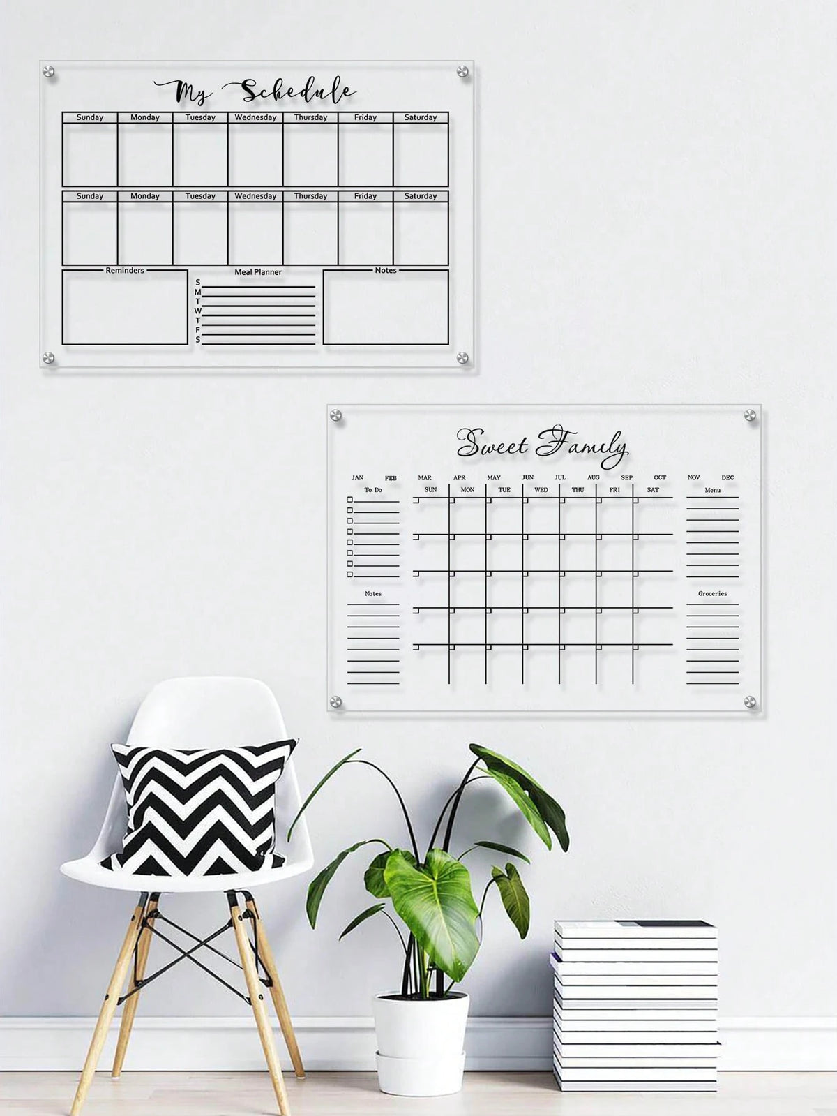 1 Set Black Line Acrylic Erasable Wall-Mounted Planner Board, Home Monthly/Weekly Schedule Planner, Family Recipe, Shopping List, Memo Board