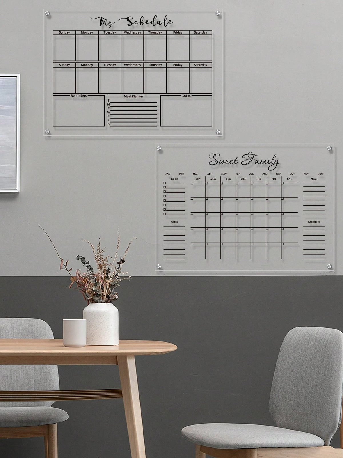 1 Set Black Line Acrylic Erasable Wall-Mounted Planner Board, Home Monthly/Weekly Schedule Planner, Family Recipe, Shopping List, Memo Board