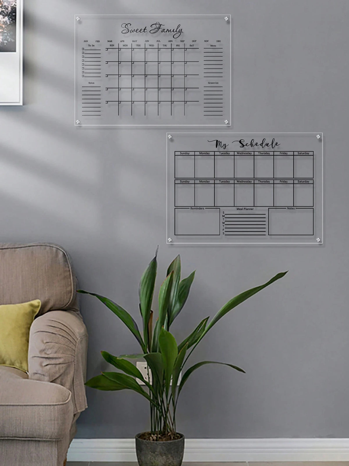 1 Set Black Line Acrylic Erasable Wall-Mounted Planner Board, Home Monthly/Weekly Schedule Planner, Family Recipe, Shopping List, Memo Board