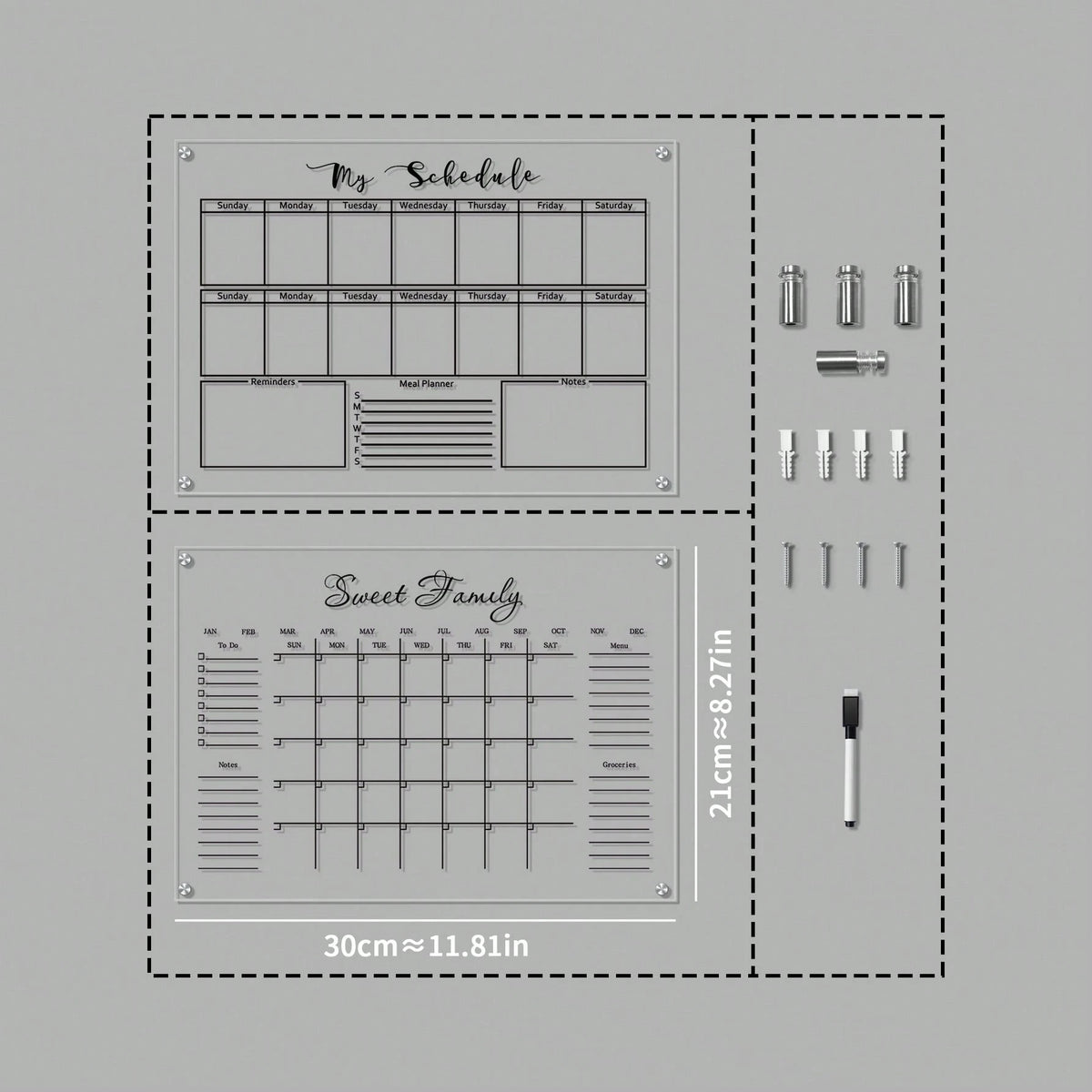 1 Set Black Line Acrylic Erasable Wall-Mounted Planner Board, Home Monthly/Weekly Schedule Planner, Family Recipe, Shopping List, Memo Board